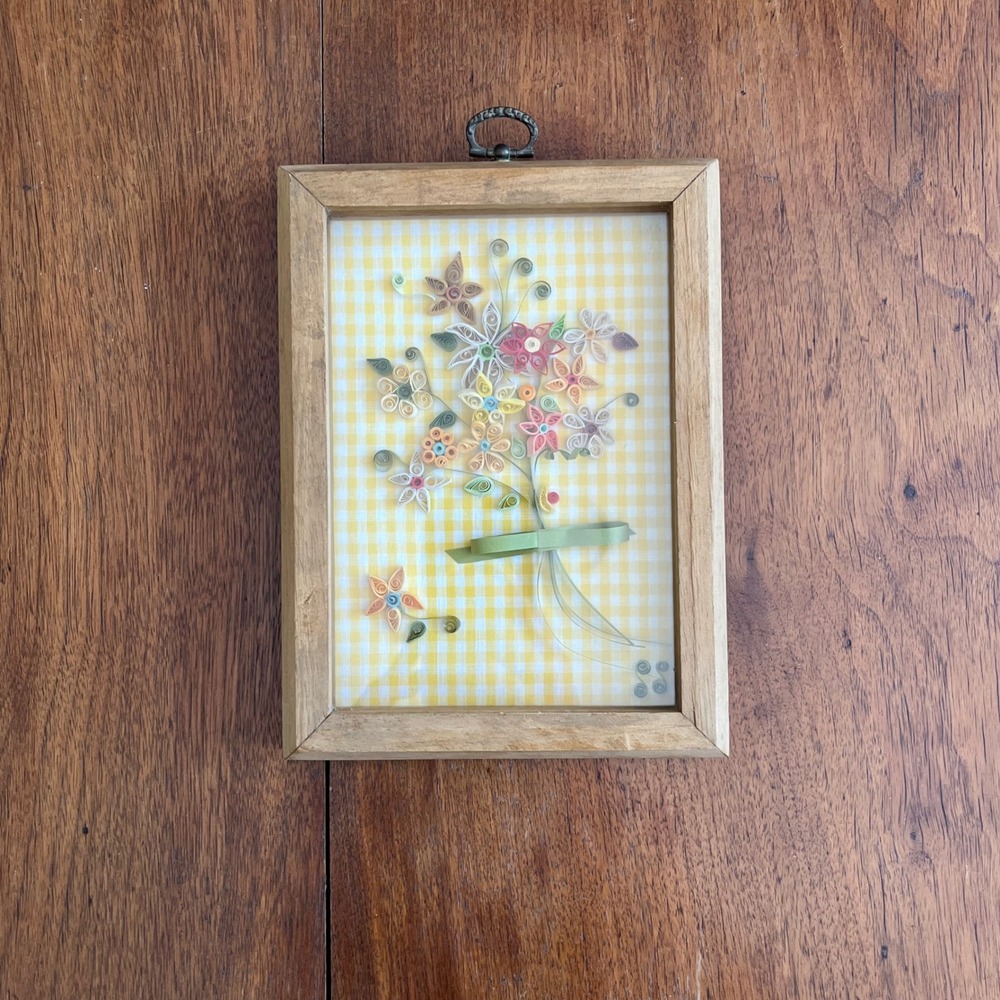 Vintage 1970s Paper Quilling Framed Wall Art, 3D Coiled Paper Floral Bouquet